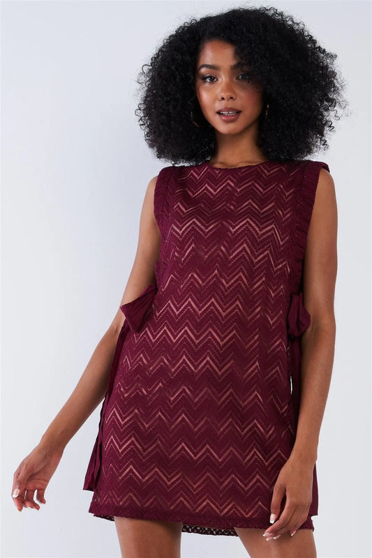 Wine Red Crochet Sleeveless Scoop Neck Lined Mini Dress With Ribbon Draw String Tie Accents /1-2-2-1 - Tasha Apparel Wholesale