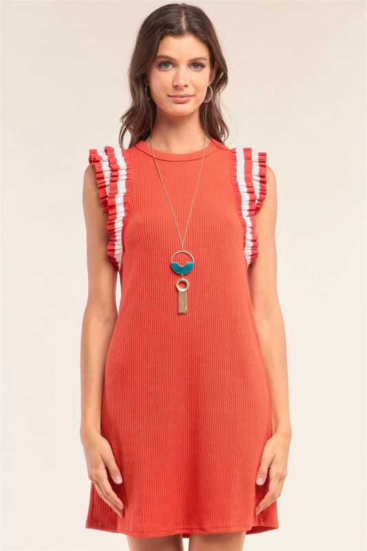 Red Sleeveless Ribbed Crew Neck Ruffle Detail Fitted Vest Mini Dress /1-2-2 - Tasha Apparel Wholesale