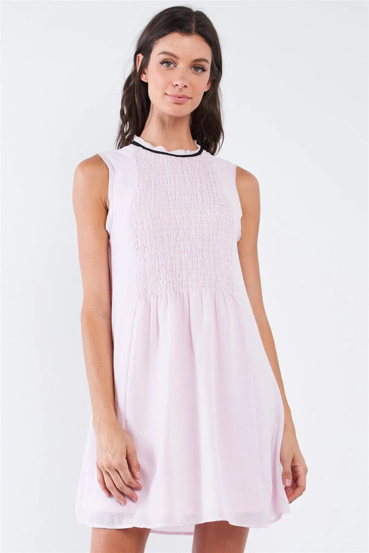 Sleeveless Round Neck Smock Front BabyDoll Mini Dress - Tasha Apparel Wholesale