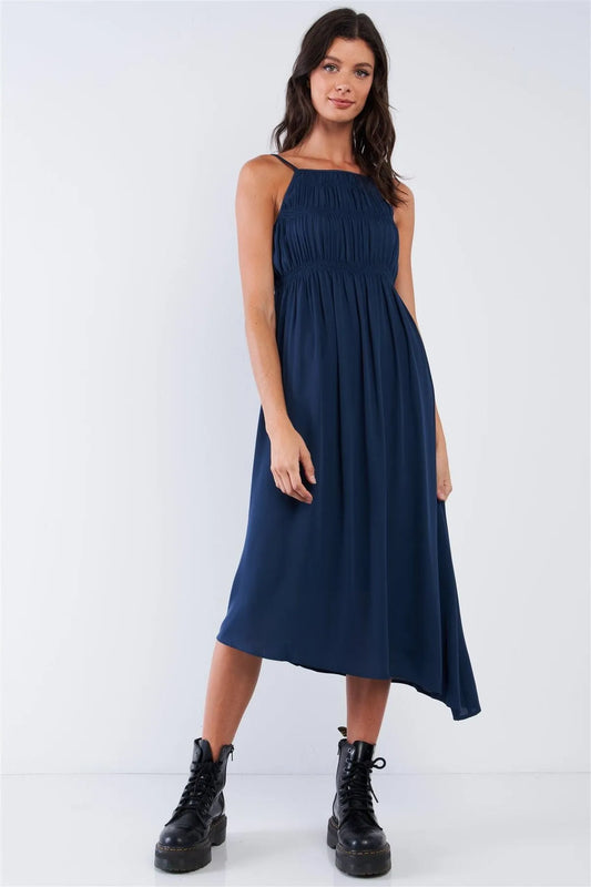 Navy Seal Blue Asymmetrical Square Neck Adjustable Cami Strap Maxi Dress /1-2-3 - Tasha Apparel Wholesale