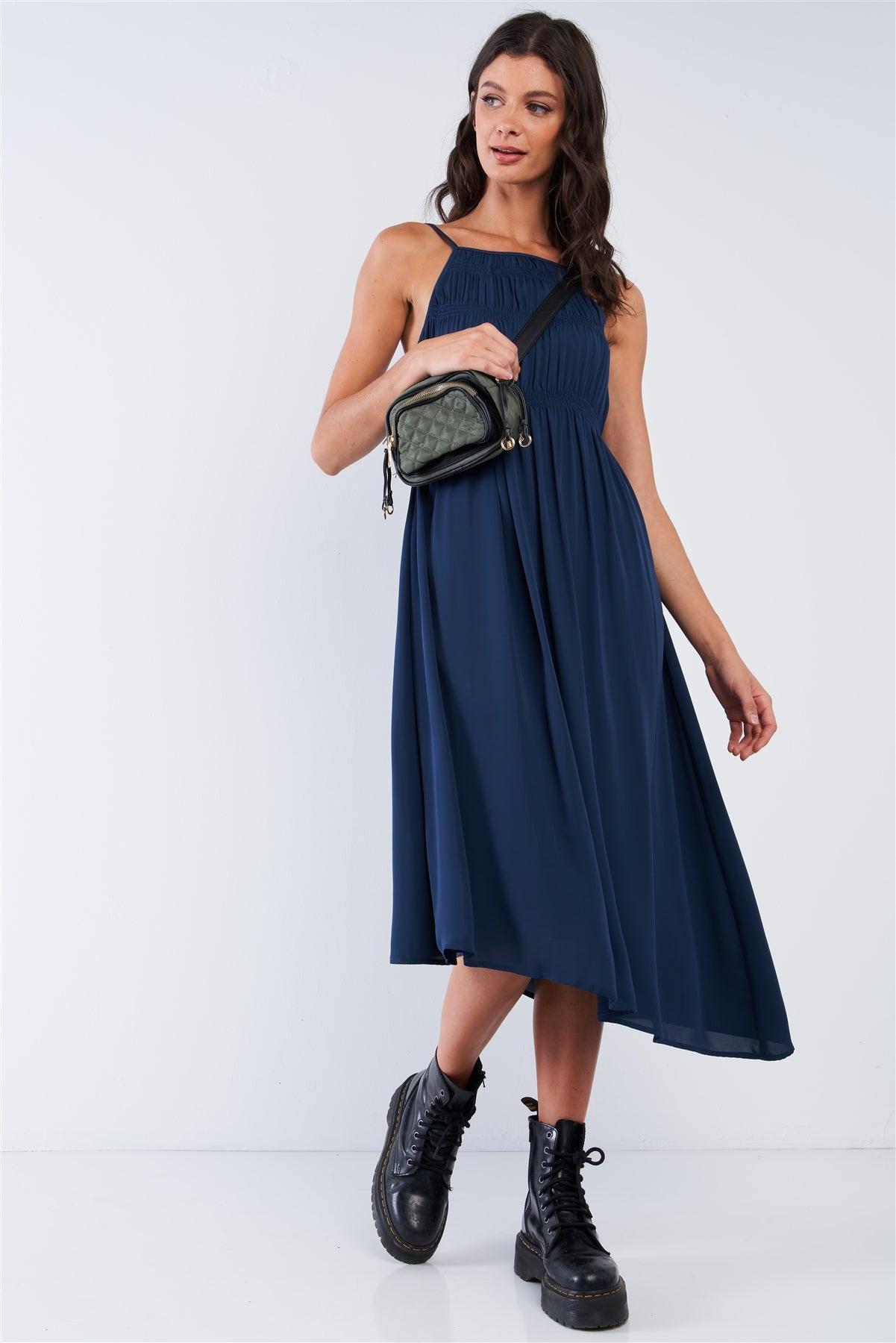 Navy Seal Blue Asymmetrical Square Neck Adjustable Cami Strap Maxi Dress /1-2-3