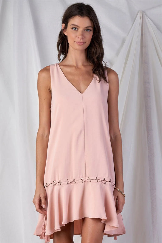 Blush Pink Loose Fit V-Neck Sleeveless Cross Thread Ruffle Bottom Draw String Tassel Tie Hem Mini Dress /1-3-3 - Tasha Apparel Wholesale