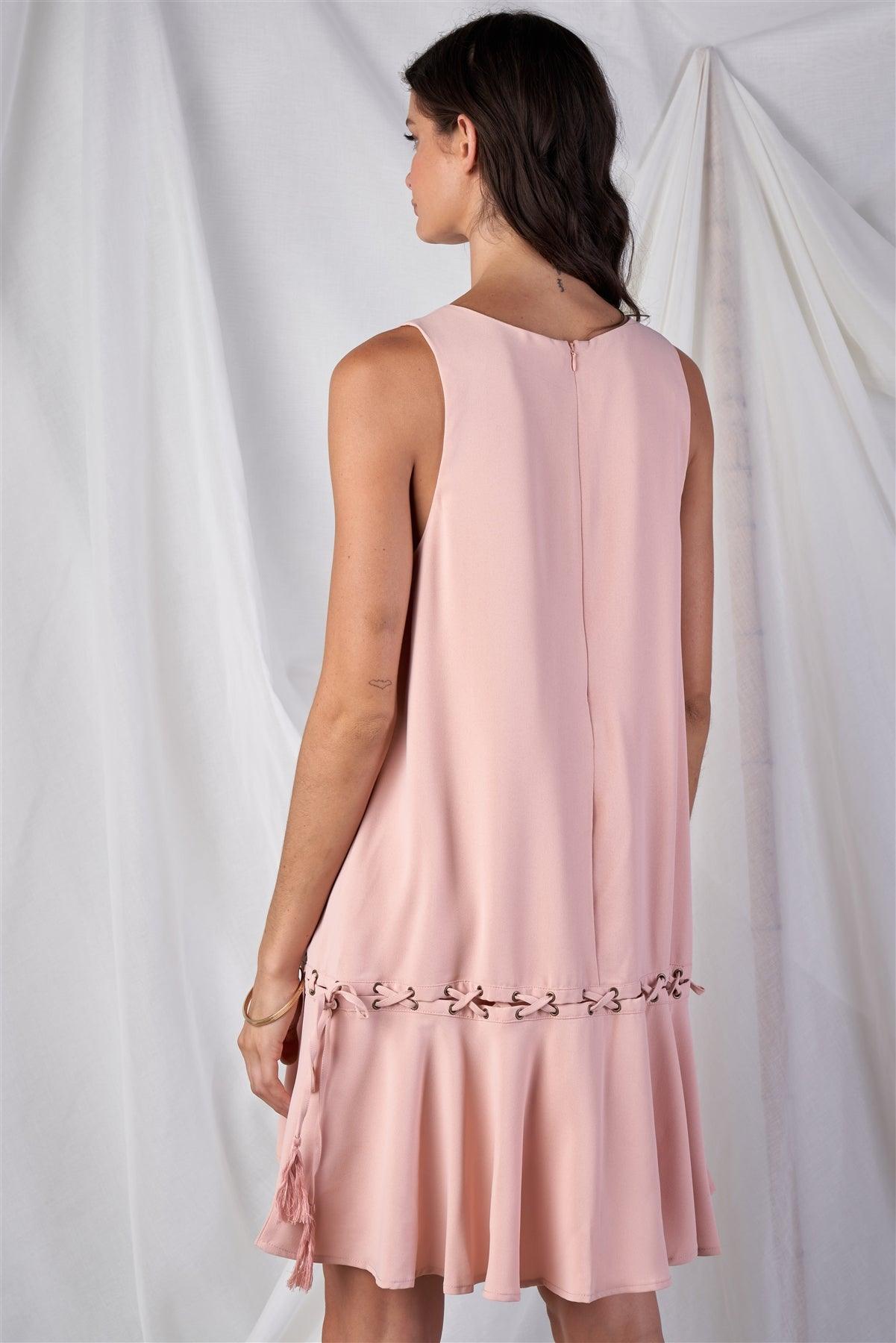 Blush Pink Loose Fit V-Neck Sleeveless Cross Thread Ruffle Bottom Draw String Tassel Tie Hem Mini Dress /1-3-3
