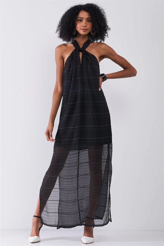 Black Striped Chiffon Sleeveless Criss-Cross Halter Neck Maxi Dress /1-2-2-1 - Tasha Apparel Wholesale