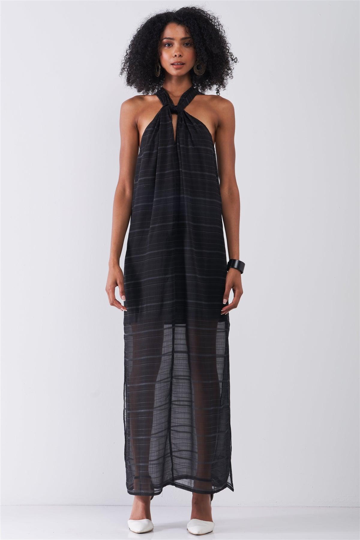 Black Striped Chiffon Sleeveless Criss-Cross Halter Neck Maxi Dress /1-2-2-1