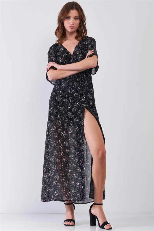 Astra Black Multicolor Star Print Wrap Front Flare Sleeve V-Neck Self-Tie Waist Slit Maxi Dress /1-2-2-1 - Tasha Apparel Wholesale