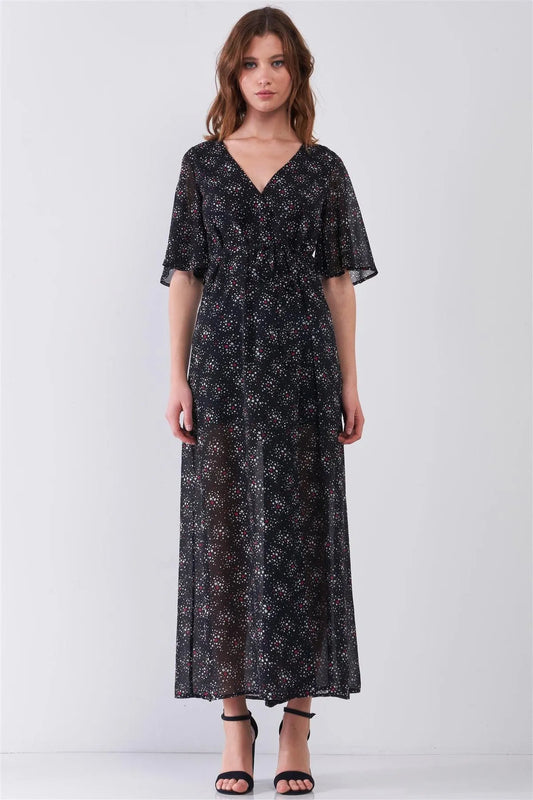 Astra Black Multicolor Star Print Wrap Front Flare Sleeve V-Neck Self-Tie Waist Slit Maxi Dress /1-3-2 - Tasha Apparel Wholesale