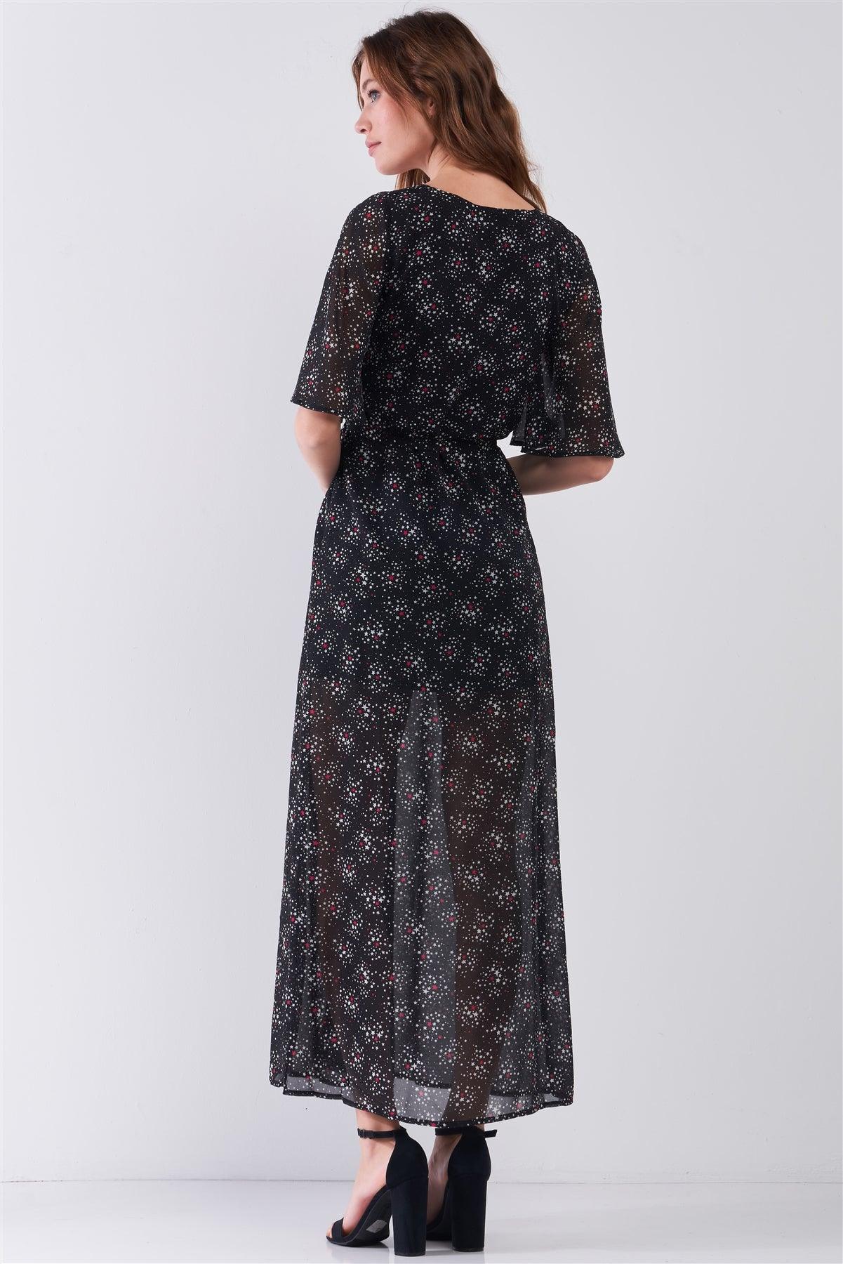 Astra Black Multicolor Star Print Wrap Front Flare Sleeve V-Neck Self-Tie Waist Slit Maxi Dress /1-3-2