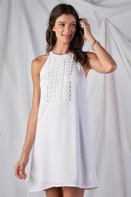 Solid White Pleated Front Mock Tuxedo Trim Loose Fit Sleeveless Round Neck Mini Dress - Tasha Apparel Wholesale