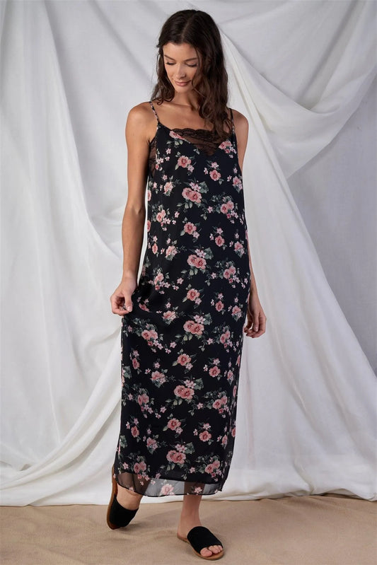 Black Multi Color Chic Floral Print V-Neck Straight Fit Sleeveless Maxi Dress With Lace Bustier Underline Detail /1-2-2 - Tasha Apparel Wholesale