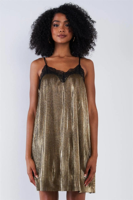 Dancing Queen Gold Pleated Loose Fit Stretchy Sleeveless V-Neck Black Lace Upper Hem Mini Dress - Tasha Apparel Wholesale