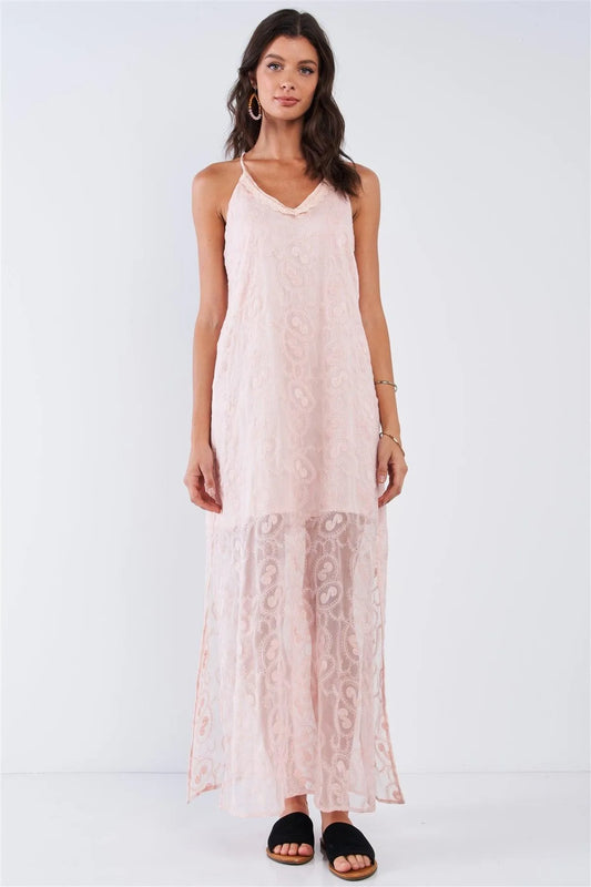 Blush Pink Boho Chic Embroidered Sleeveless V-Neck Festival Maxi Dress /1-2-2-1 - Tasha Apparel Wholesale