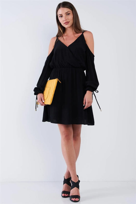 Black Wrap V-Neck Long Off-The-Shoulder Draw String Tie With Aglet Tip Sleeve Mini Dress /1-2-2-1 - Tasha Apparel Wholesale
