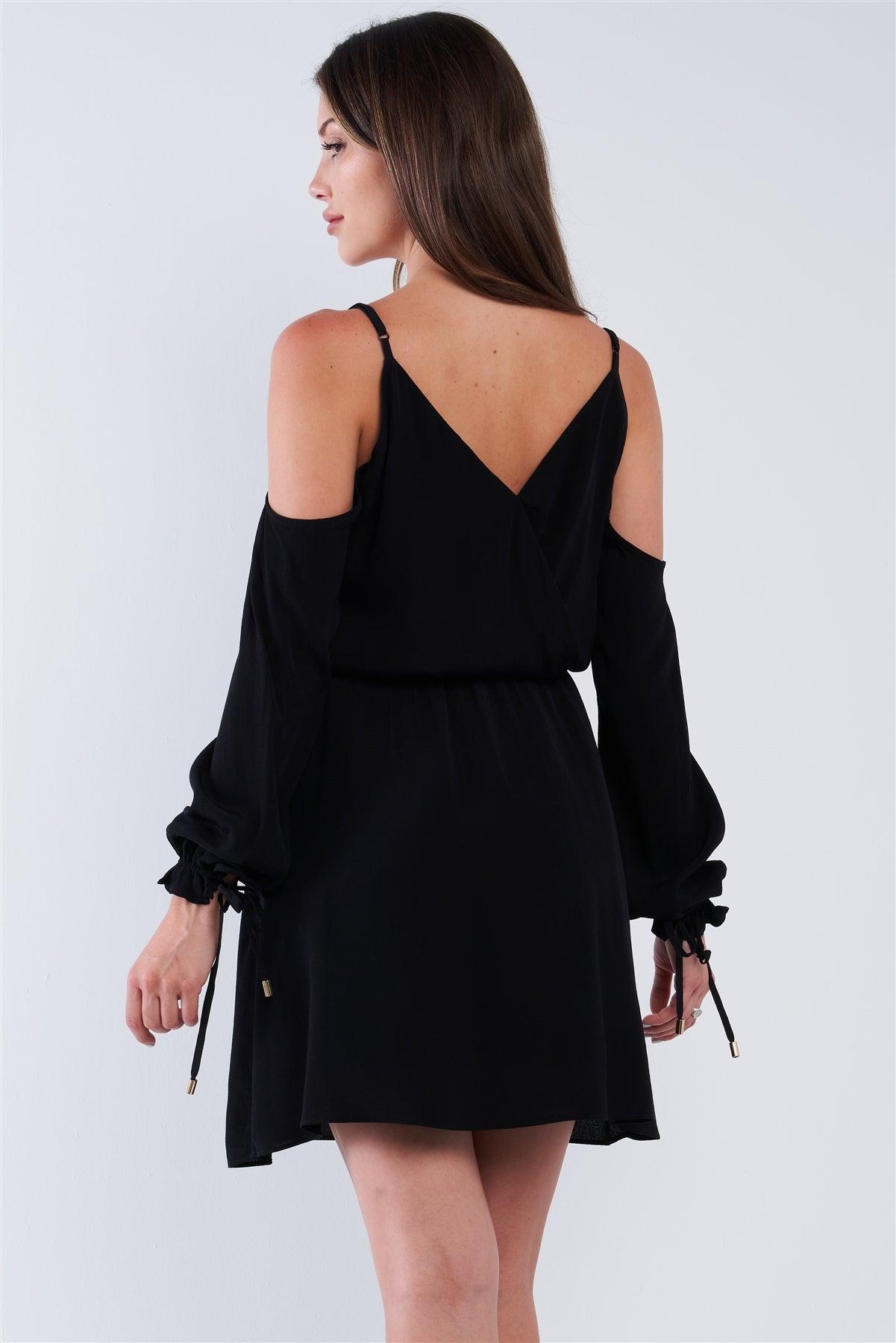 Black Wrap V-Neck Long Off-The-Shoulder Draw String Tie With Aglet Tip Sleeve Mini Dress /1-2-2-1