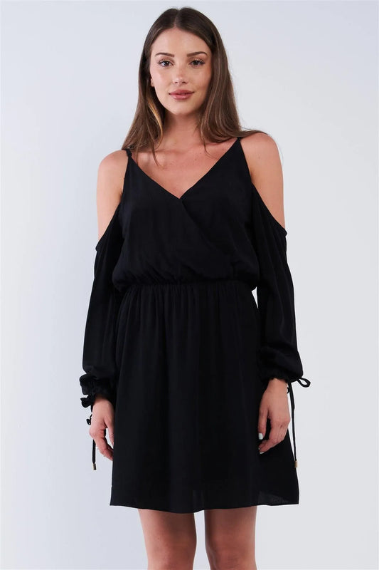 Black Wrap Deep Plunge V-Neck Long Off-The-Shoulder Draw String Aglet Tip Hem Sleeve Mini Dress /2-1-3 - Tasha Apparel Wholesale