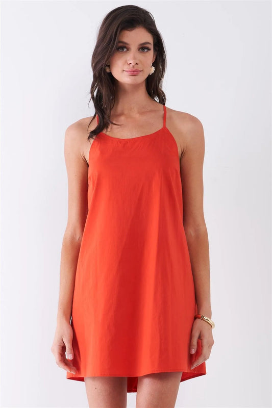 Tomato Red Sleeveless U-Neck Back Botton Down Detail Criss-Cross Straps Mini Dress /1-2-2-1 - Tasha Apparel Wholesale