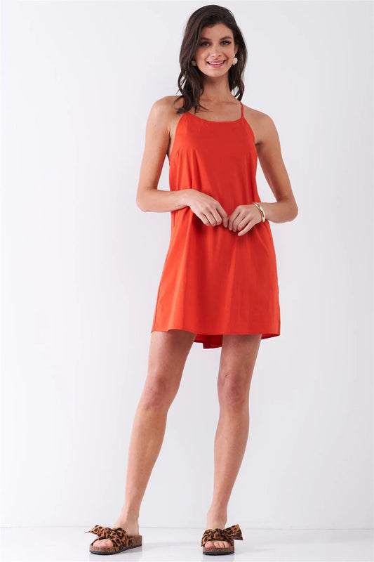 Tomato Red Sleeveless U-Neck Back Botton Down Detail Criss-Cross Straps Mini Dress /2-2-2 - Tasha Apparel Wholesale
