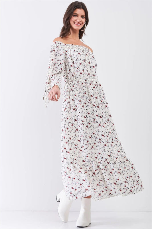 Cream Multi Floral Boho Off The Shoulder Ruffle Hem Maxi Dress - Tasha Apparel Wholesale