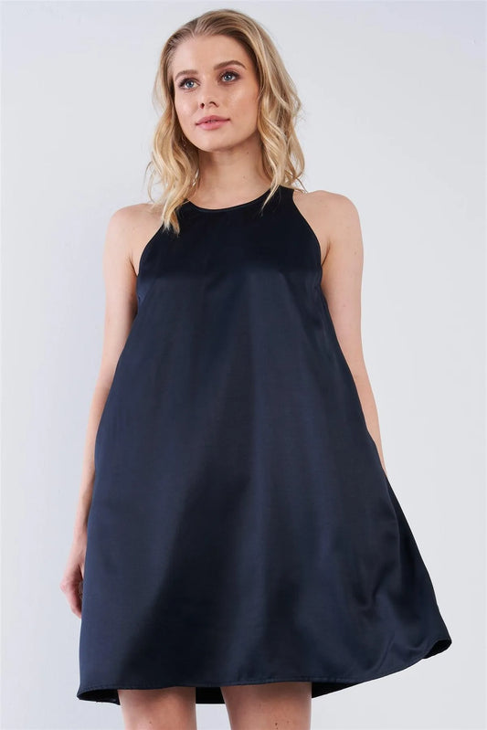 Solid Navy Blue Satin Front Cloth Back Sleeveless Loose Fit Mini Dress /2-3-2-1 - Tasha Apparel Wholesale