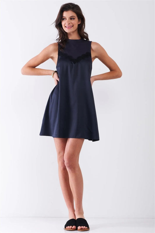 Dark Navy Combined Sleeveless Satin Front Lace Trim Mock Neck Mini Dress /1-2-1 - Tasha Apparel Wholesale