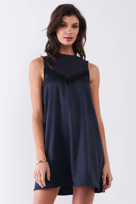 Dark Navy Combined Sleeveless Satin Front Lace Trim Mock Neck Mini Dress /1-2-2-1 - Tasha Apparel Wholesale
