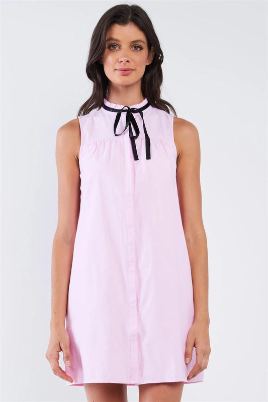 Baby Pink Button Down Ribbon Tie Babydoll Mini Dress - Tasha Apparel Wholesale