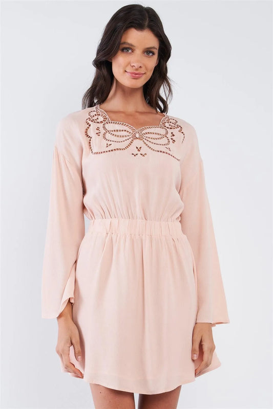 Nude Long Sleeve Self-Tie Elastic Waist Crochet Butterfly Shaped Serpent Cut Out Chest Embroidery Detail Mini Dress /1-2-2-1 - Tasha Apparel Wholesale