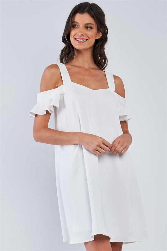 Off-White Relaxed Fit V-Neck Ruffle Sleeve Mini Dress - Tasha Apparel Wholesale