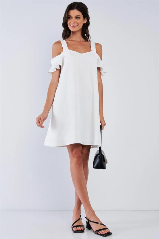 Off-White Relaxed Fit V-Neck Ruffle Sleeve Mini Dress /2-2-2-1 - Tasha Apparel Wholesale