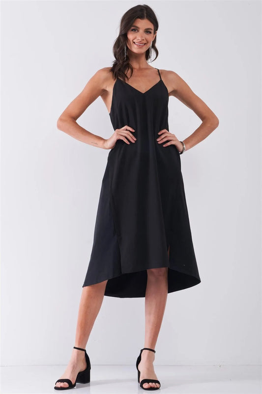 Black Sleeveless V-Neck Two Front Slit Contrast Stretchy Back Fabric Asymmetrical Hem Midi Dress /2-2-2 - Tasha Apparel Wholesale