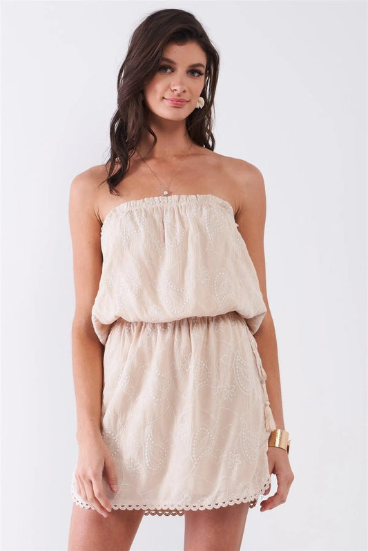 Tan Beige Floral Embroidery Sleeveless Smock Cut-Out Back Detail Gathered Waist Mini Dress /1-2-2-1 - Tasha Apparel Wholesale