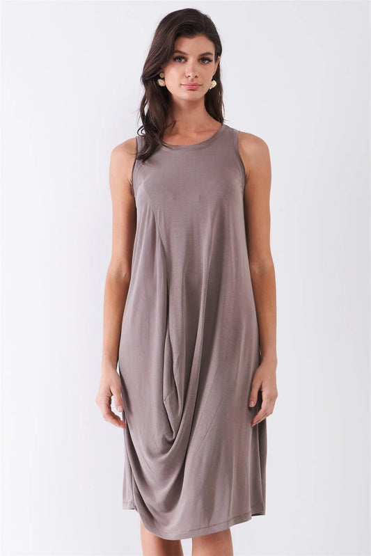 Stone Brown Sleeveless Round Neck Gathered Front Detail Relaxed Fit Midi Dress /1-2-2-1 - Tasha Apparel Wholesale
