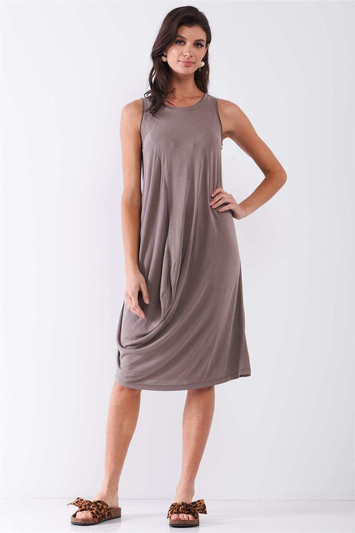 Stone Brown Sleeveless Round Neck Gathered Front Detail Relaxed Fit Midi Dress /1-2-2-1