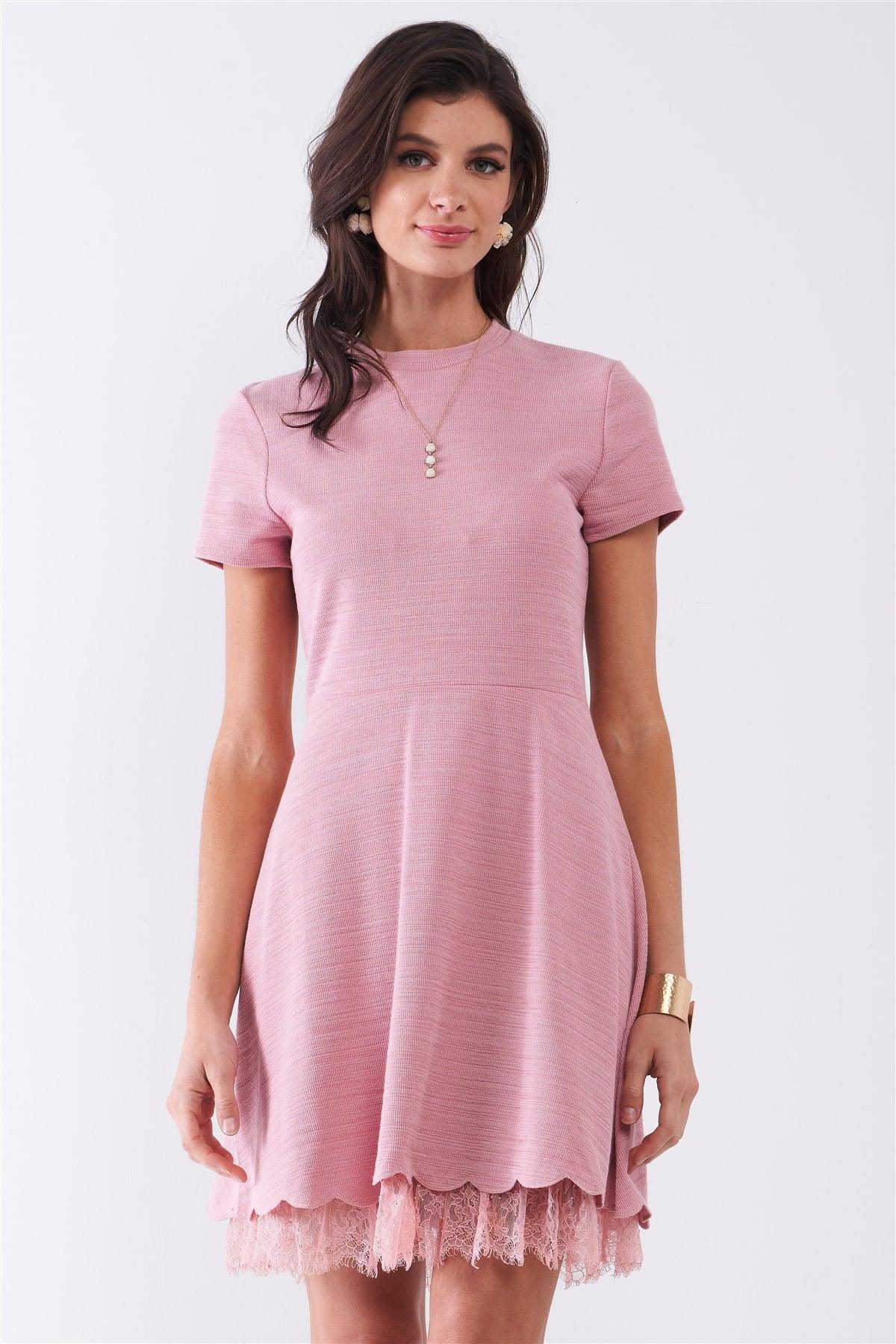 Blush Short Sleeve Lace Mesh Lining Detail Knit Mini Dress /1-2-2-1