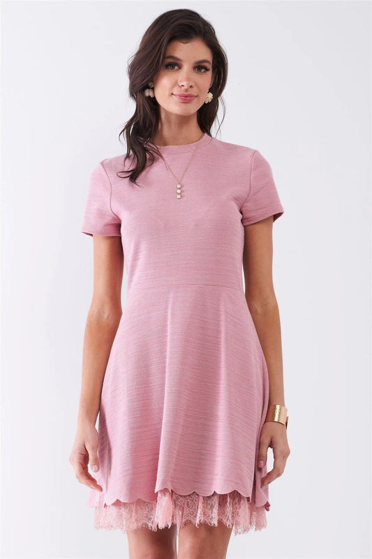 Blush Short Sleeve Lace Mesh Lining Detail Knit Mini Dress /1-2-2-1 - Tasha Apparel Wholesale