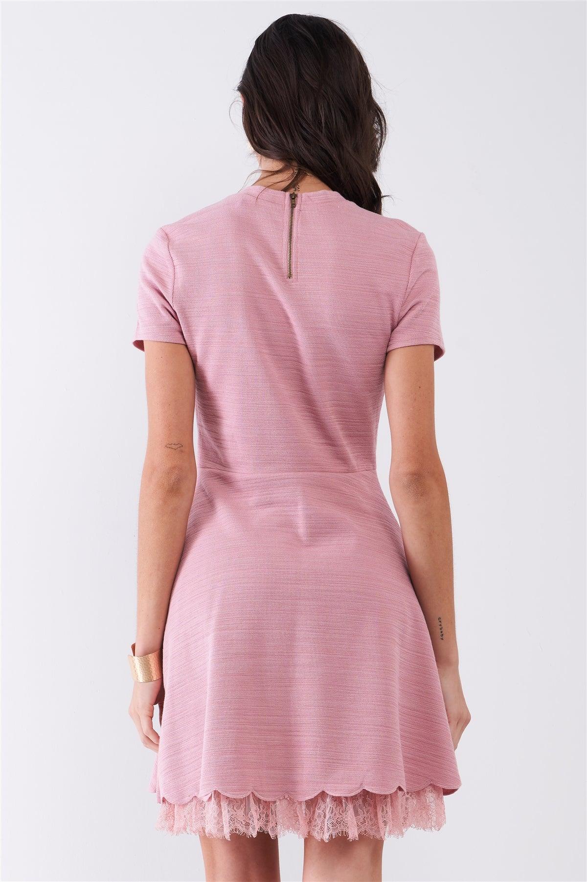 Blush Short Sleeve Lace Mesh Lining Detail Knit Mini Dress /1-2-2-1