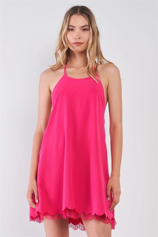 Fuchsia Pink Sleeveless Halter-Tie Neck Self-Tie Open Back Detail Lace Trim Scallop Hem Babydoll Mini Dress /1-2-2-1 - Tasha Apparel Wholesale