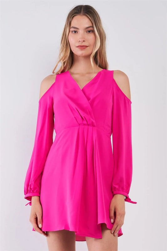 Bright Magenta Cold Shoulder Self-Tie Long Sleeve Wrap V-Neck Pleated Front Detail Mini Dress /1-2-2-1 - Tasha Apparel Wholesale