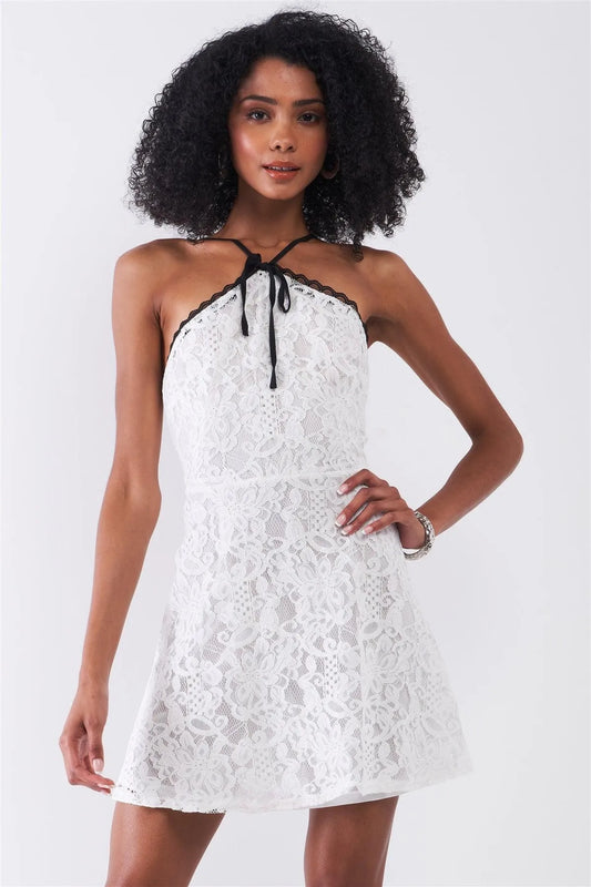 Playdate White Lace Crochet Sleeveless High Neck Open Back Detail Fit & Flare Mini Dress /1-2-2-1 - Tasha Apparel Wholesale