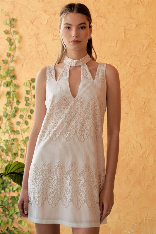 White & Nude Crochet Halter Neck Front Cut-Out Detail Sleeveless Back V-Back Mini Dress /1-2-2-1 - Tasha Apparel Wholesale