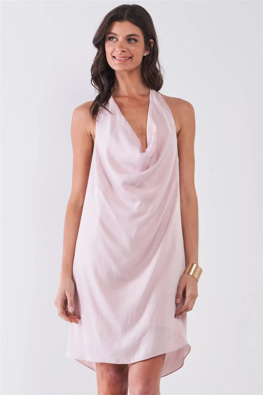 Solid Blush Satin Open Back Self-Tie Halter Cowl Neck Tube Mini Dress /1-2-2-1 - Tasha Apparel Wholesale