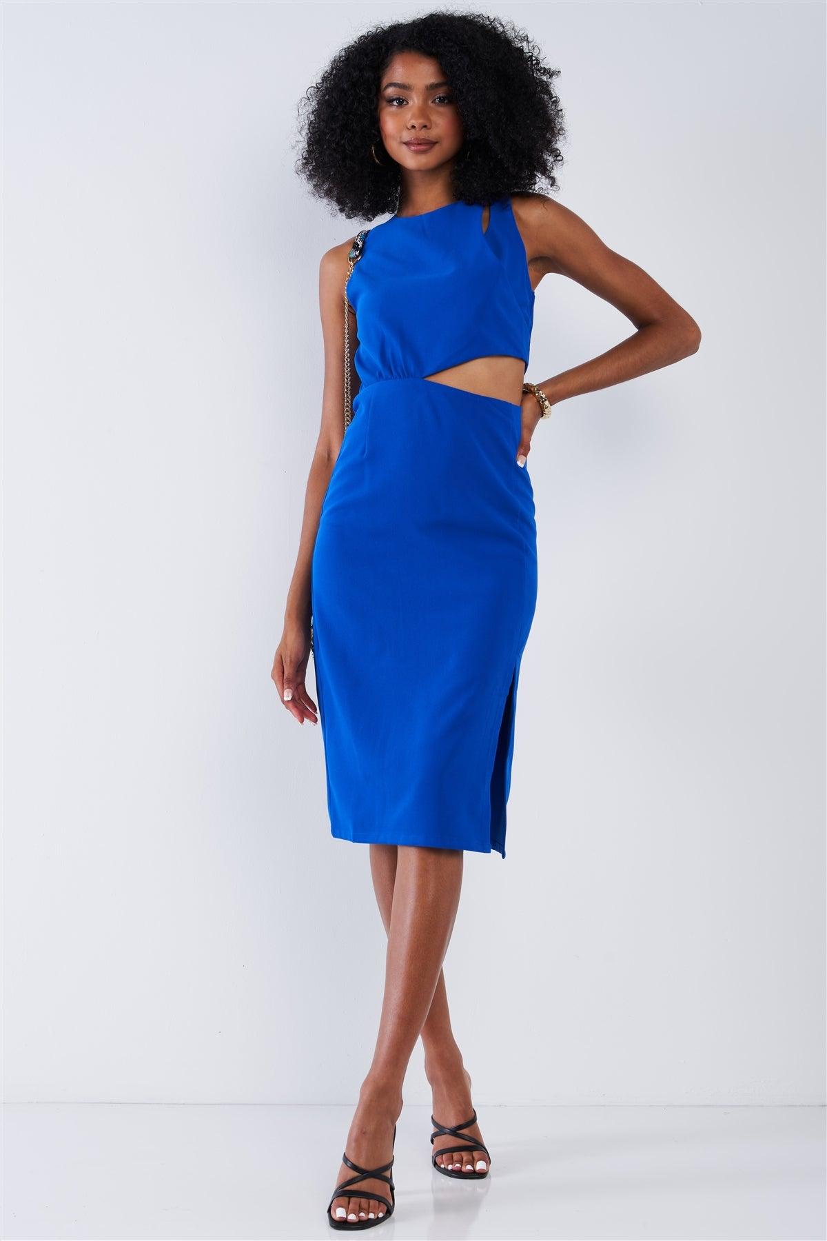 Solid Cobalt Classy Cut-Out Waist Detail Round Neck Sleeveless Tight Fitted Side Slit Bottom Midi Dress /1-2-2-1