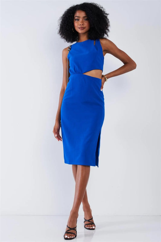 Solid Cobalt Classy Cut-Out Waist Detail Round Neck Sleeveless Tight Fitted Side Slit Bottom Midi Dress /1-2-2-1 - Tasha Apparel Wholesale