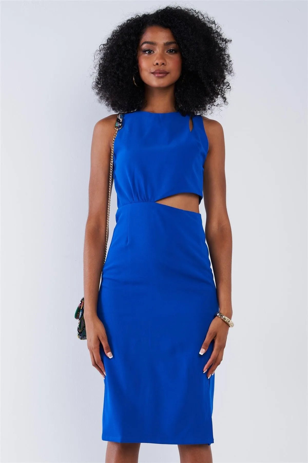 Solid Cobalt Classy Cut-Out Waist Detail Round Neck Sleeveless Tight Fitted Side Slit Bottom Midi Dress /1-2-2-1 Solid Cobalt Classy Cut-Out Waist Detail Round Neck Sleeveless Tight Fitted Side Slit Bottom Midi Dress /1-2-2-1