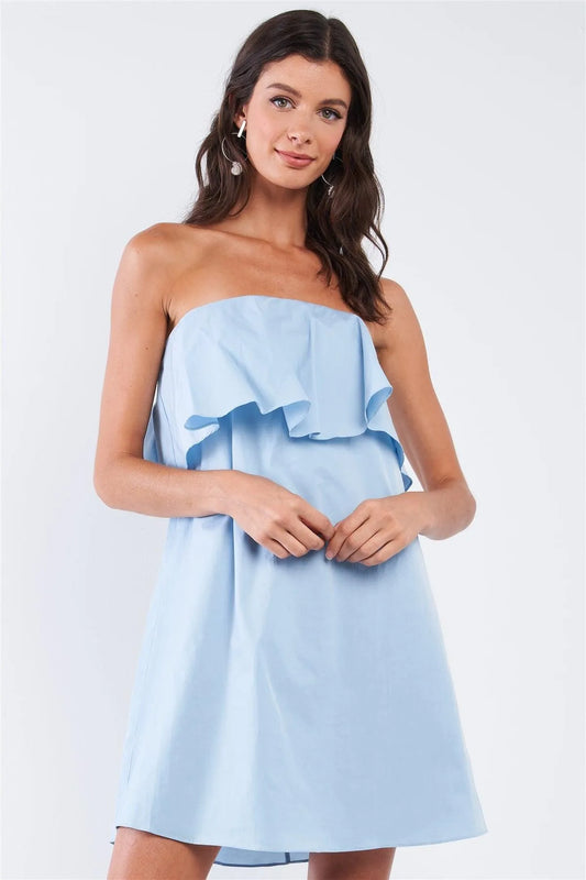 Baby Blue Sleeveless Relaxed Fit Tube Ruffle Chest Hem Mini Dress - Tasha Apparel Wholesale