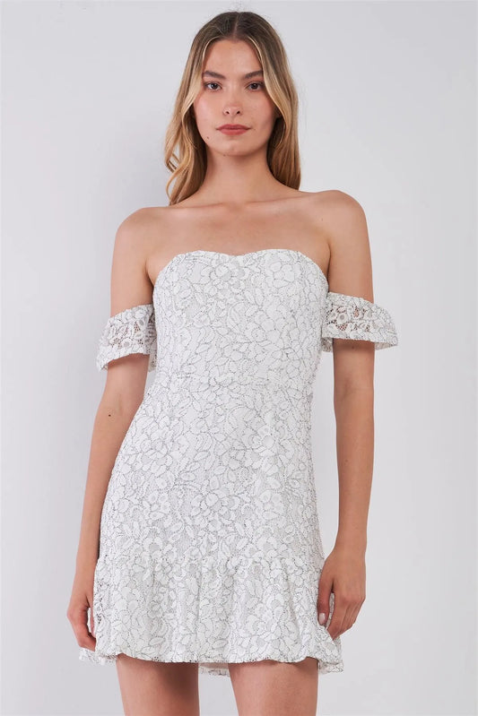 White & Black Lace Sweetheart Off-The-Shoulder Fitted Mini Dress /1-2-2-1 - Tasha Apparel Wholesale