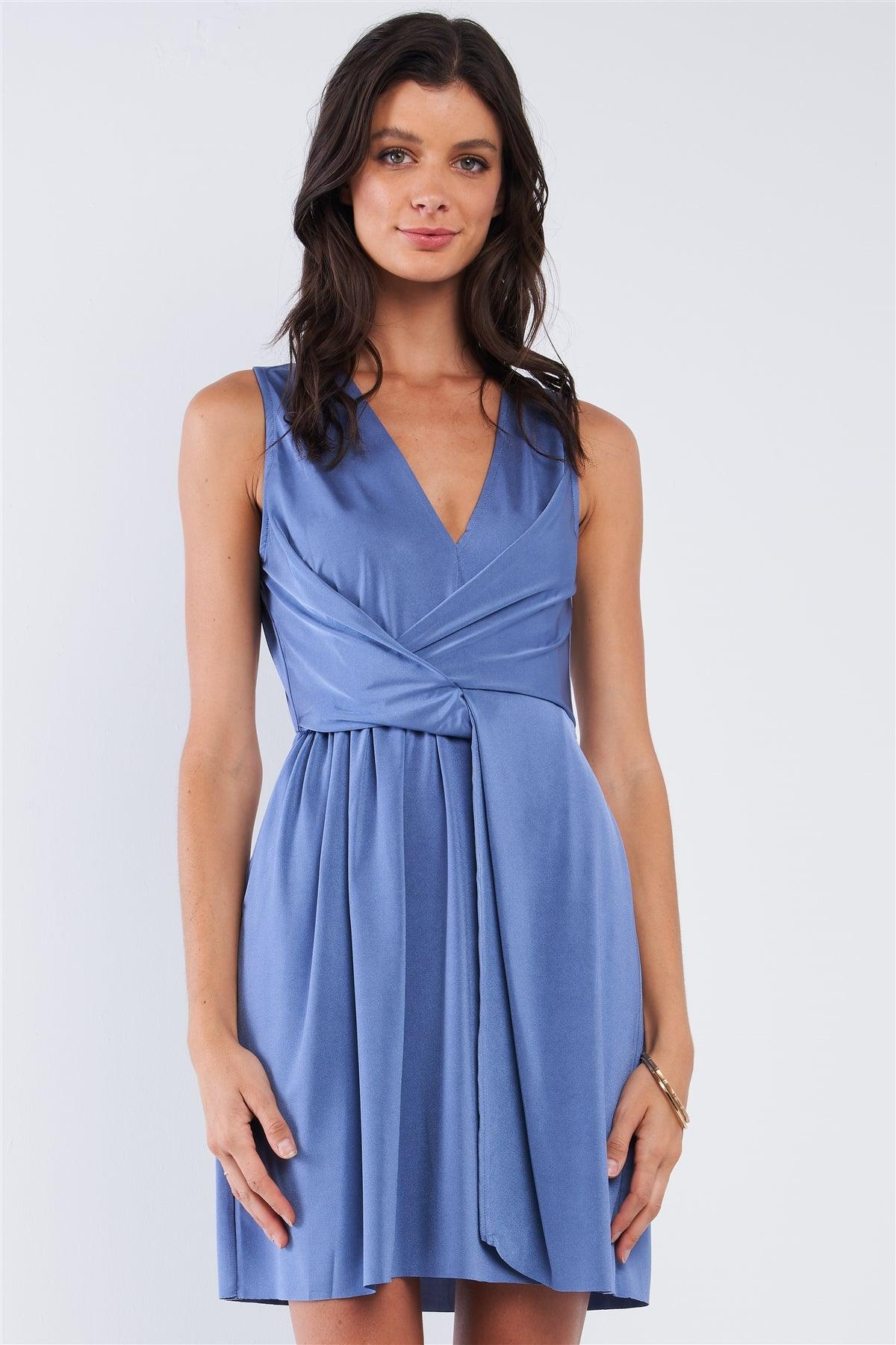 Carolina Blue Sleeveless Deep Plunge V-Neck Front Wrap Twist Detail Mini Dress /1-2-2-1