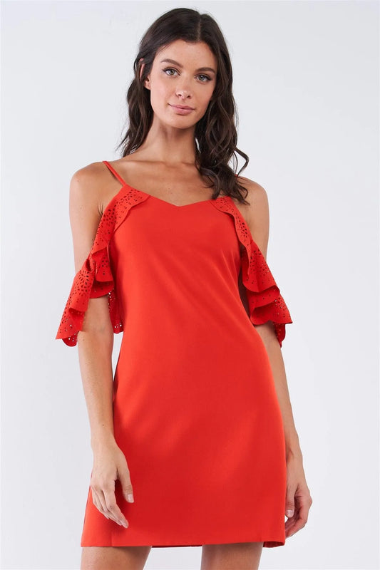 Tomato Red Cocktail V-Neck Crochet Ruffle Off-The-Shoulder Hem Tube Mini Dress /1-2-2-1 - Tasha Apparel Wholesale