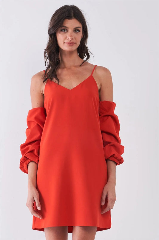 Crimson Red Cold-Shoulder Gathered Sleeve Detail V-Neck Relaxed Mini Dress /1-2-2-1 - Tasha Apparel Wholesale