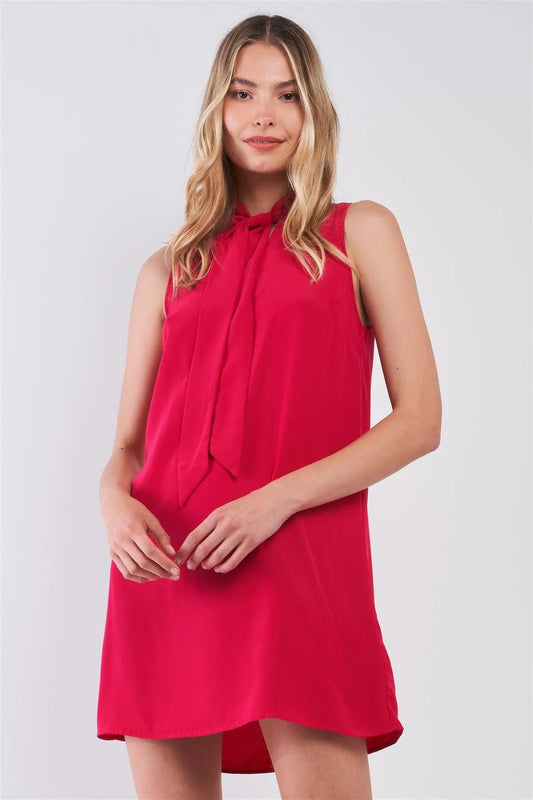 Red Berry Sleeveless Self-Tie Neckline Straight-Cut Executive Mini Dress /1-2-2-1 - Tasha Apparel Wholesale